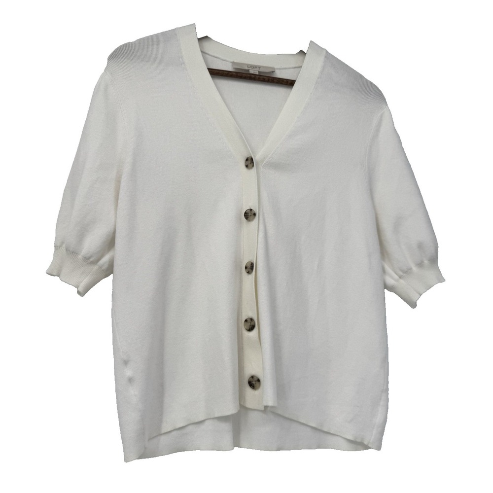 LOFT White Quiet Luxury Cardigan Top V Neck Puff Sleeve Clean Girl Tortoiseshell